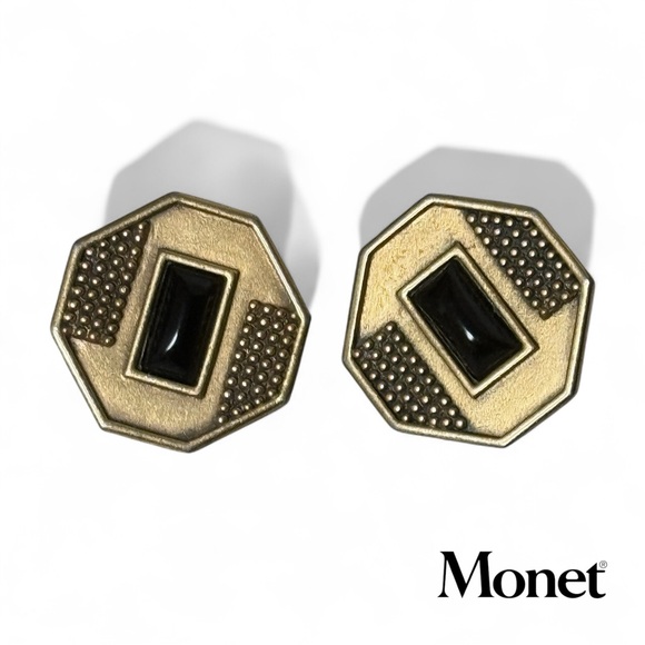 Monet Jewelry - Vintage Monet Clip-On Earrings – Octagon Black & Gold Statement